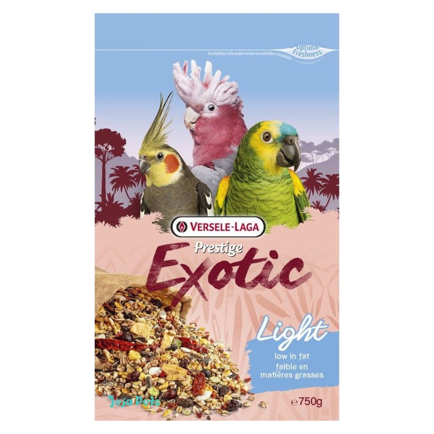 Low-fat parrot and parakeet mix with puffed cereals, dried fruit and vegetables.
