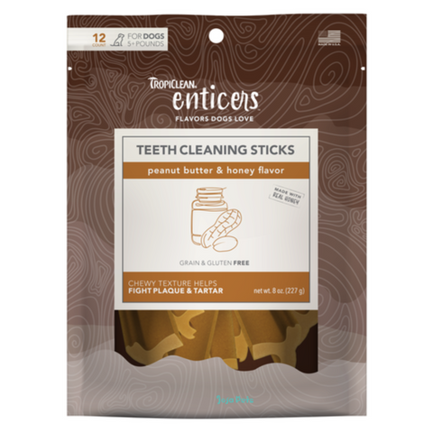 Tropiclean Enticers Teeth Cleaning Sticks for Dogs (Peanut Butter & Honey) - 12 ct