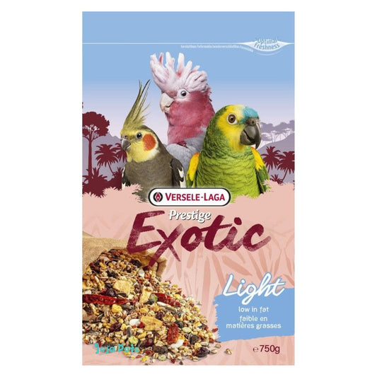 Low-fat parrot and parakeet mix with puffed cereals, dried fruit and vegetables.