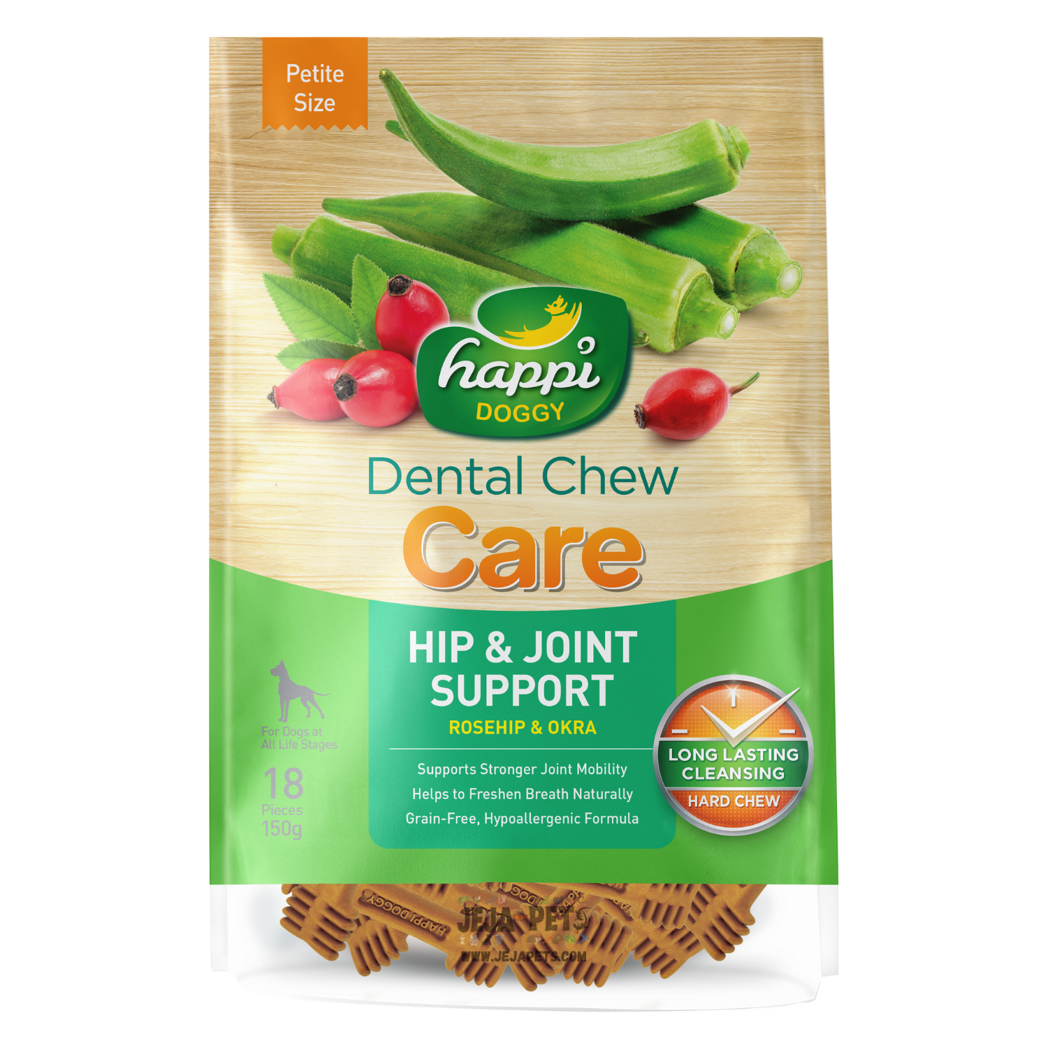 Happi Doggy Dental Chew Hip & Joint Support (Rosehip & Okra) Hard Chew for Dogs - Petite / Regular