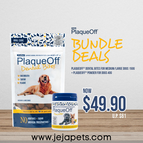[BUNDLE PROMO: $49.90 FOR 2] Swedencare PlaqueOff Dental Bites + PlaqueOff Powder for Medium / Large Dogs