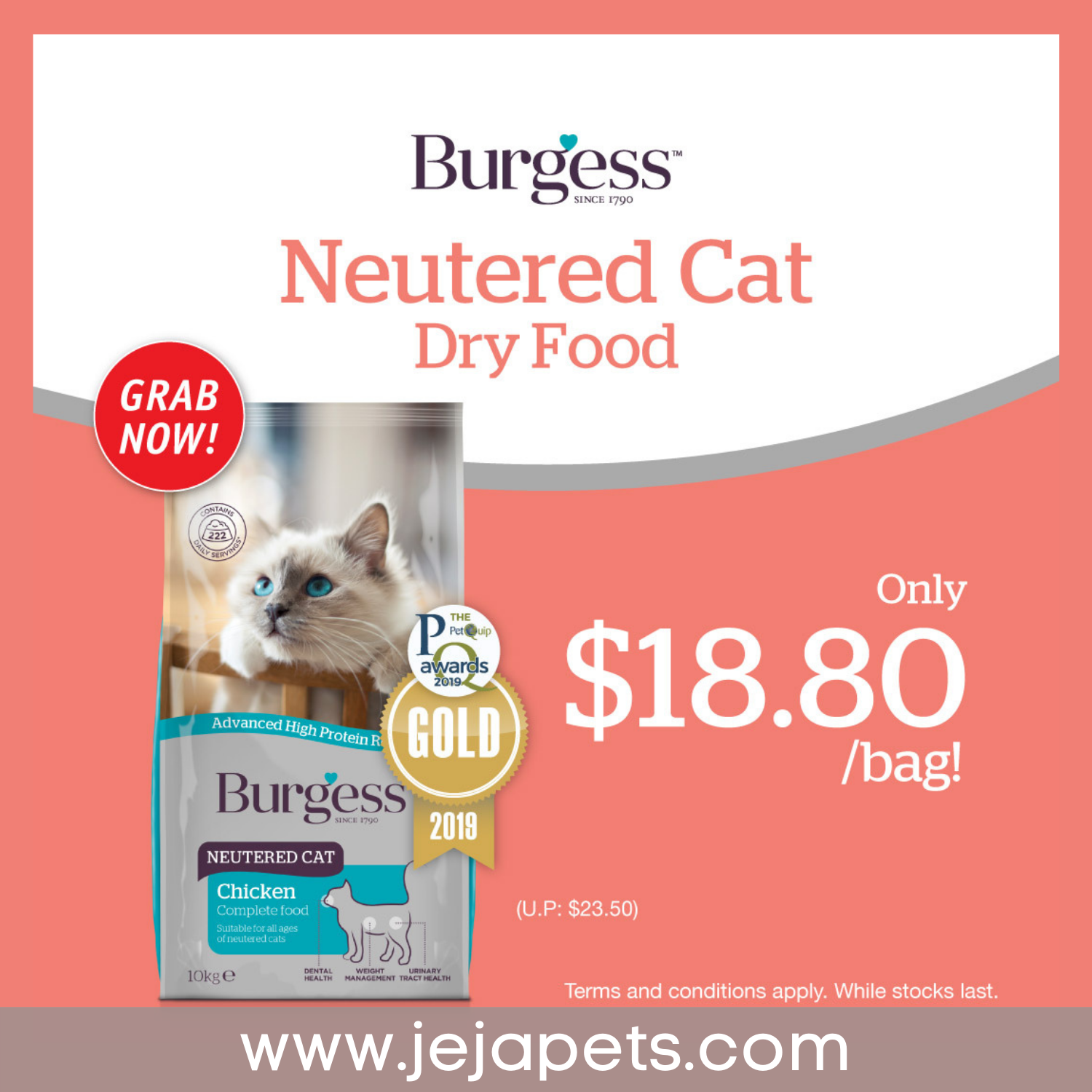 [PROMO: $18.80 (USP $23.50)] Burgess Neutered Cat Dry Food - 1.5kg